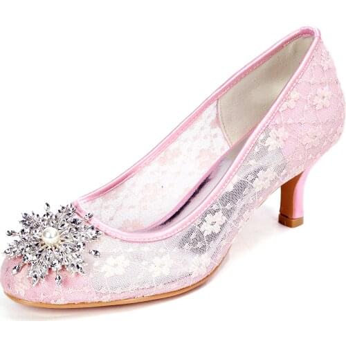 2021 New Middle Heels Rounded Toe See Through lace Lady Dress Shoes Bridal Wedding Prom Pumps Snowflake Crystal brooch Slip on