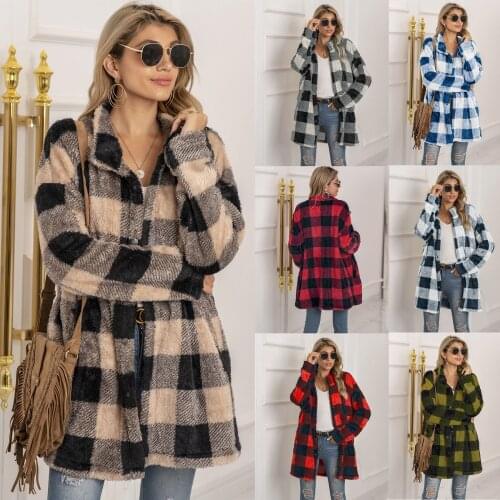 Autumn and Winter New European and American Womens Plush Plaid Long Coat Ladies Warm Plush Coat