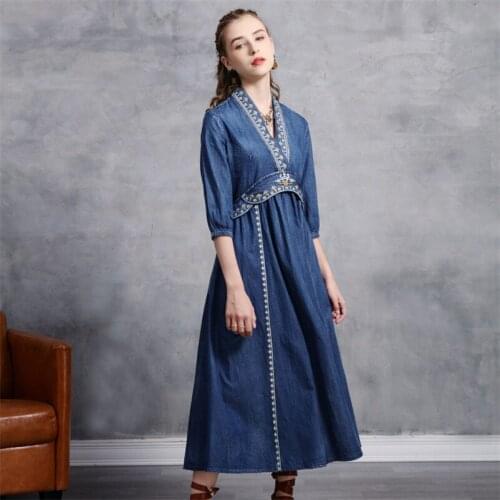 Autumn Women Denim Dress 2020 Vintage A line V-Neck Embroidery Dress Lantern Sleeve Dresses Vestidos Q82253 Vestido Feminina