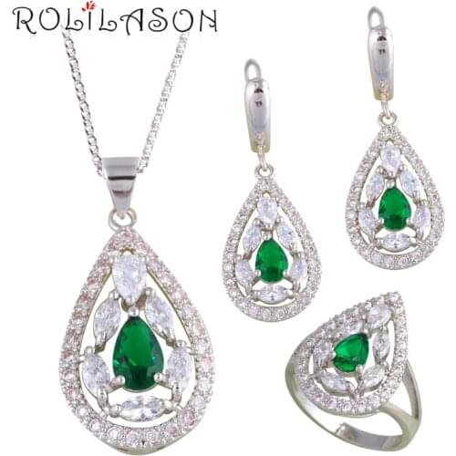 ROLILASON Popular Women Christmas Gift Water Drop silver plated Stamped Fashion Jewelry Set Earring Necklace Pendant Rings JS682
