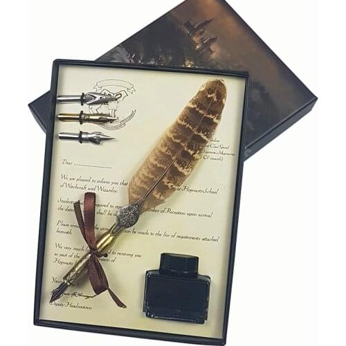 Magic School Vintage Feather Quill Dip Calligraphy Fountain Pen Writing Ink Set Stationery Gift Box European Retro No Ink