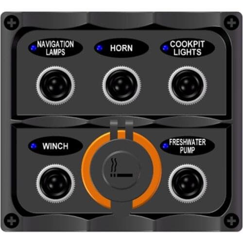 Led Light Waterproof Marine Grade 5 Way Toggle Switch Panel With Cigarette Lighter Plug and Labels for Boat/RVs