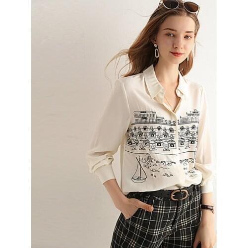 100% Silk Blouses High Quality Women Shirt Printed Elegant Simple Design Long Sleeves Office Work Top Style New Fashion