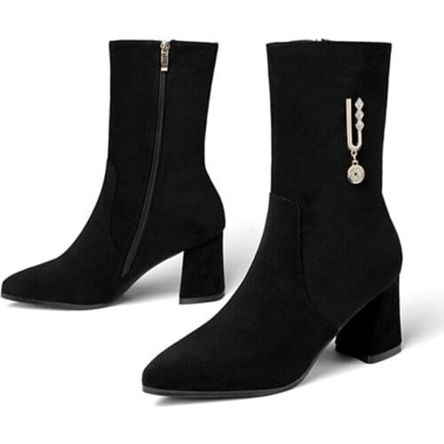 Womens Boots 2021 Hot Sale Fashion Sheep Suede Chunky Heels Mid-calf Boots Winter Shoes Women Pointed Toe High Heels Boot