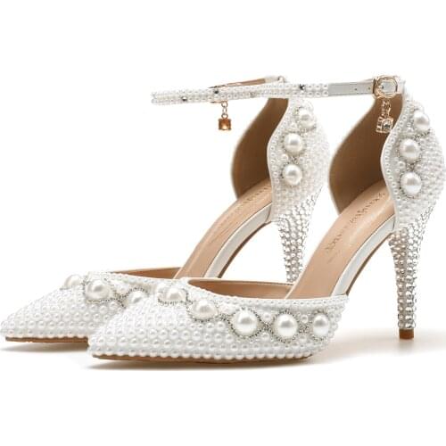 New White heels Peal wedding shoes flower high heel shoes bridal heel shoes large size 43 womens sandals for 2021