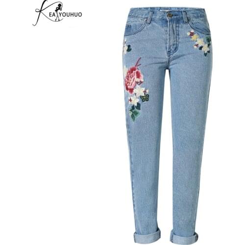 Mom Jeans Pantalon Femme Brand Femme Jeans With Embroidery Flower Denim jeans female Boyfriend For Women Bleached Ladies Trouser
