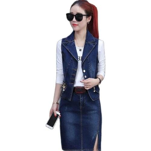 Women Denim Set 2021 Female Cowboy Vest+Denim Hip Skirt Two-Piece Suit Lady Fashion Cowboy Skirt 2 Piece Set S-3XL 2PCS B1137