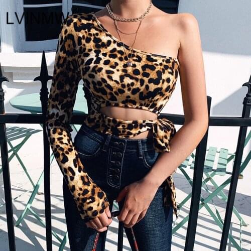 LVINMW Leopard Print One Shoulder Lace Up Cross Hollow Out Crop Tops Women Winter Sexy Long Sleeve Party Streetwear T Shirts