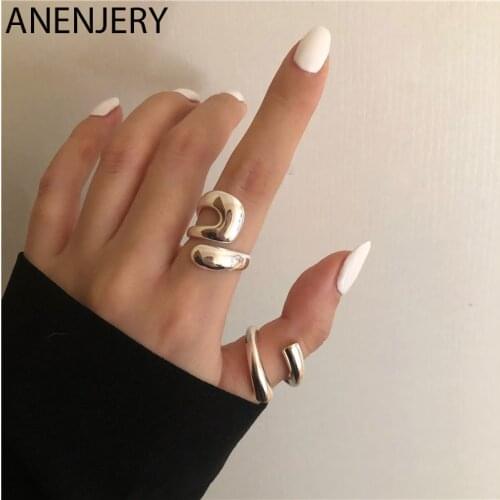 ANENJERY 925 Sterling Silver Irregular Curved Open Ring for Women French Exquisite Party Jewelry Birthday Gifts S-R974