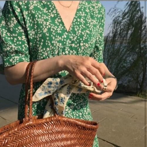 Women Summer Dress Elegant V Neck Flower Long Dress Green Short Sleeve High Waist A-line Midi Dresses 2021 French Style 14542