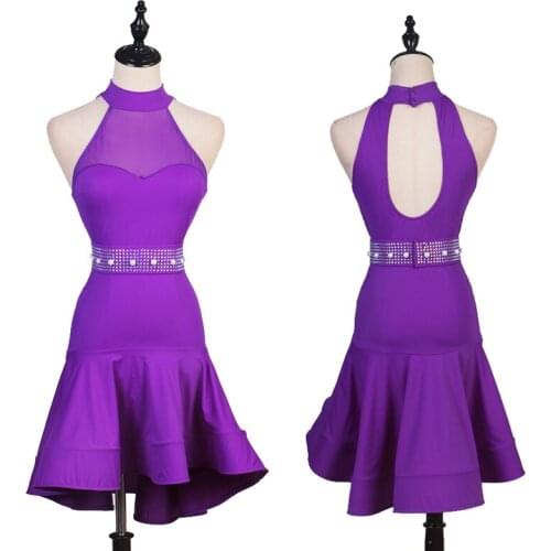 Sexy Backless Latin Dance Dress Purple Practice Dress Women Chacha Samba Tango Latin Ballroom Dance Competition Dresses DQS6517