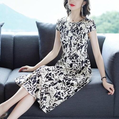 2021 Elegant Black Print Whtie Mulberry Silk Midi Dress Summer Vintage Casual 4XL Plus Size Sundress Women Bodycon Party Vestido