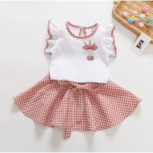 BibiCola 2pcs girls clothes summer kids clothing sets new fashion solid cotton tops +lattice skirts outfits children clothes