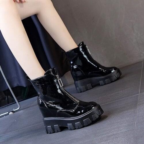 Fashion platform shoes womens punk style solid color ankle boots womens platform wedge motorcycle boots square low heel increa