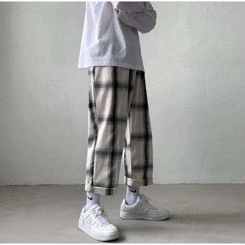 Wide-leg Plaid Pants For Men Loose Straight Retro Fashion Thin All-match Street Clothes Casual Sports Trousers Male Four Seasons