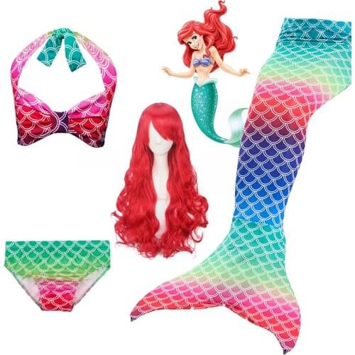 Kids Girls Mermaid Tails For Swimming Fin Swimsuit Bathing Suit Tail Mermaid Wig for Girls Costume Party Can Add Flipper Monofin