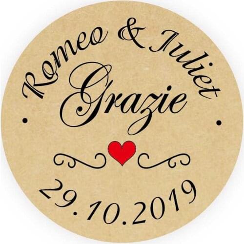 DouxArt 100 Pieces Stickers Personalized Grazie, 4CM Kraft Wedding Favors Communion Baptism Invitation Gift Box Labels Seals