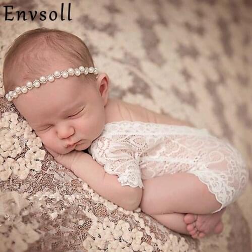 Envsoll 2020 Newborn Photography Props Baby Girl Lace Romper White Black Infant Photo Shoot Clothes V Cut Open Back Romper
