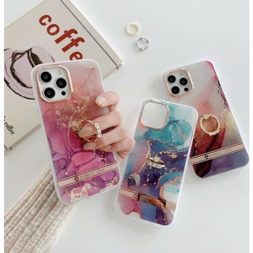 Electroplated Colored Marble Ring Bracket Phone Case For Iphone 12 Mini 11 Pro MAX X XR XS SE 2020 7 8 Plus Bumper Back Cover