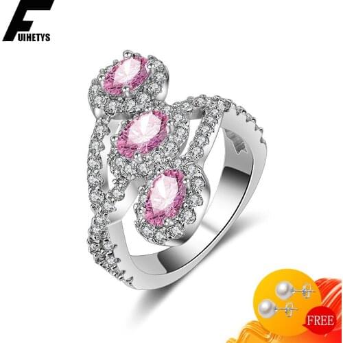 Trendy 925 Silver Jewelry Rings Oval Pink Zircon Gemstone Finger Ring Ornaments Gift for Women Wedding Promise Party Wholesale