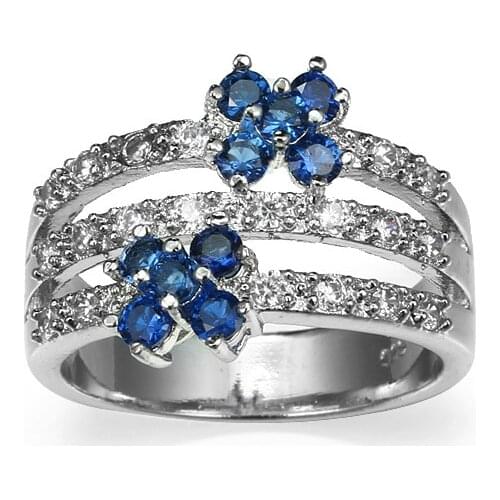 Hot Sale Big Blue CZ Zircon Stone Vintage Silver Color Rings for Women 2 Flowers Cross Infinity Fashion Wedding Jewelry