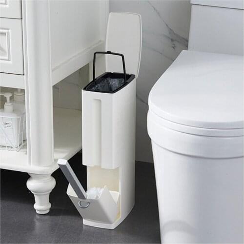 Home Hotel Multi-function Narrow Design Trash Can One-piece Square Ash-bin Office Toilet Garbage Storage Bucket + Toilet Brush