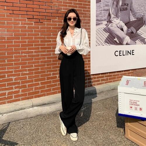 Fashion Wide Leg Suspender Trousers Autumn 2021 Womens Baggy Lce Silk Office Overalls Black Suits High Waist Casual Pants
