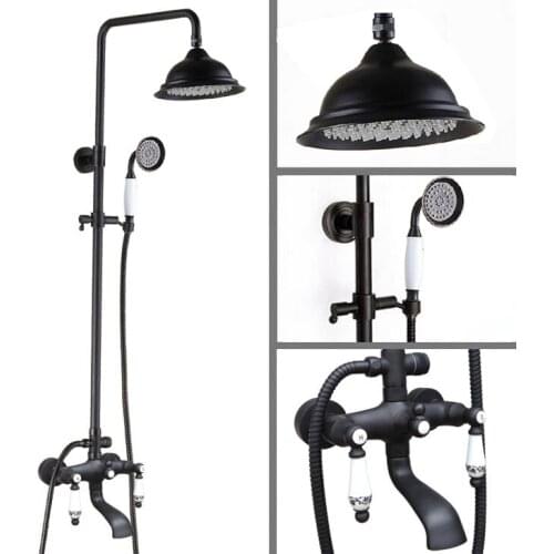 Black Oil Rubbed Brass Wall Mount 8.2" Rain Bathroom Rainfall Shower Faucet Set with Hand Spray Shower Head Tub Mixer Tap 2hg124