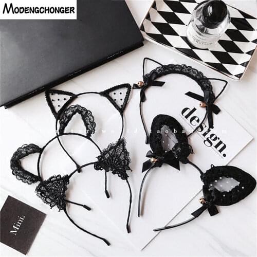 For Women Black Cat Ears Head Bezel Fashion Lace Lady Girl Hairband Sexy Self Headband Baby Birthday Party Hair Accessories
