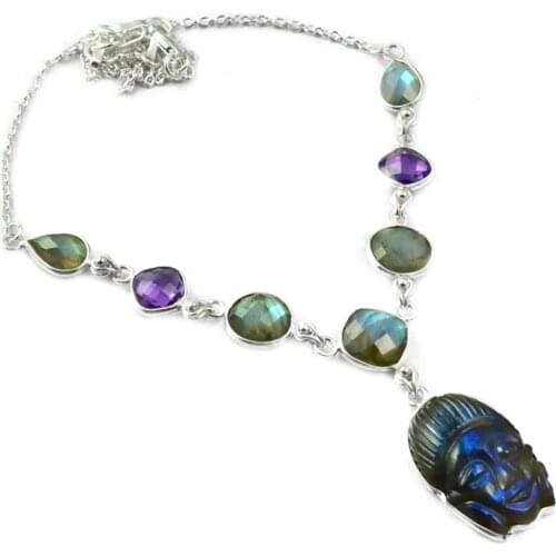 Genunie Labradorite + Amethyst Buddha Necklace 925 Sterling Silver, 44 cm, MHBNE0159