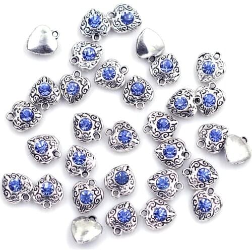 Pendants Heart Blue Rhinestones Valentines Day Love Antique Silver Tone Pattern Charm Jewelry DIY Findings 12x10mm 10Pcs