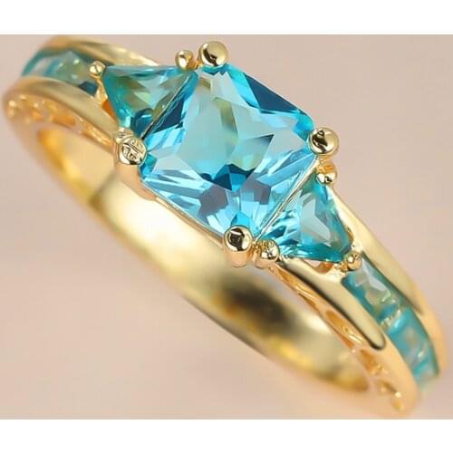 Luxury Female Light Blue Crystal Ring Charm Gold Color Bride Wedding Ring Promise Square Zircon Engagement Rings For Women