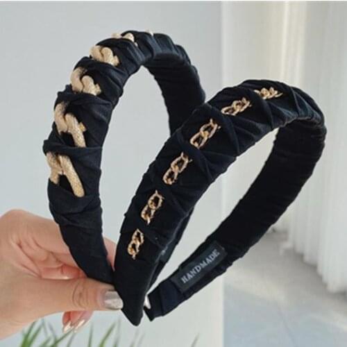 Handmade Weaving Metal Chains Hairband for Women High Quality Headdress Black Fabric Headband Retro Style Headwear Head Band