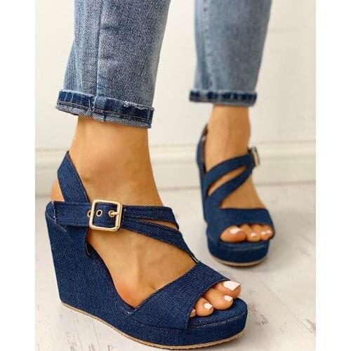 Summer Platform Blue Denim Wedges Sandals For Women Jeans Causal High Heel Open Toe Buckle Strap Sandalias Mujer Shoes Woman