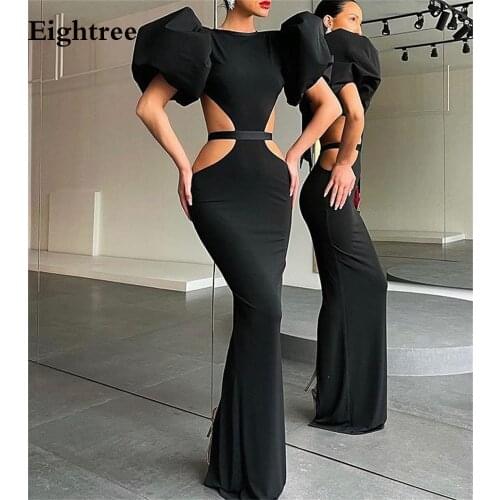 Eightree Sexy Black Velour Long Mermaid Evening Dresses 2021 Short Sleeves O Neck Robe de Soiree Prom Dress Formal Party Gown