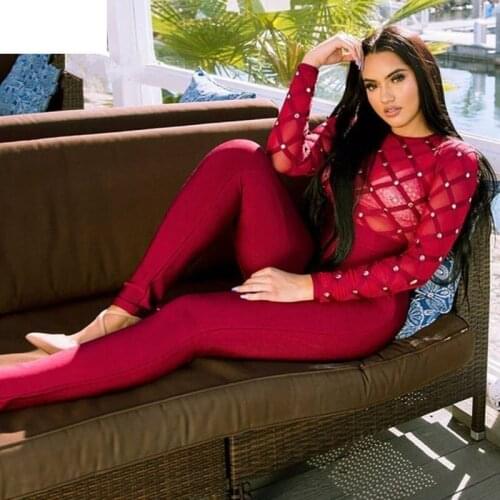 Sexyboutique bandage jumpsuit long sleeve sexy mesh women one piece overall bandage jumpsuit