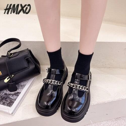 HMXO Thick-heeled Patent Leather T-buckle Mary Jane Shoes British Loafers Round Head Jk Shoes Retro Chain Platform Shoes Women