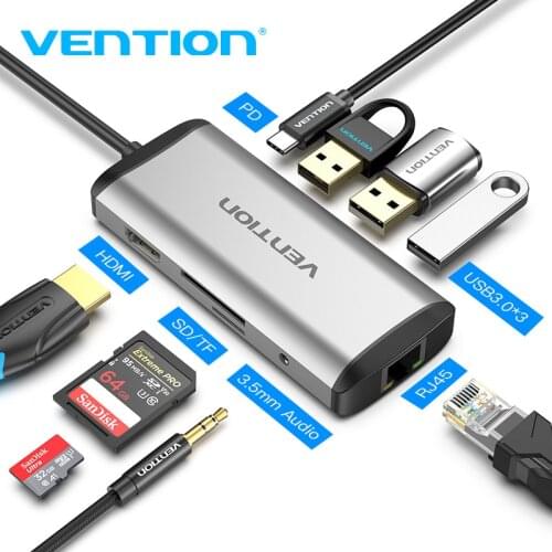 Vention USB Type C Converter Type C To HDMI VGA USB 3.0 PD Power 3.5mm Audio RJ45 Ethernet Adapter SD/TF Card Reader USB HUB NEW