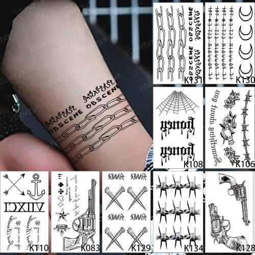 9pcs Waterproof Temporary Tattoo Sticker Chain Flame Totem English Letter Black Word Flash Tatoo Woman Body Art Fake Tatto Man