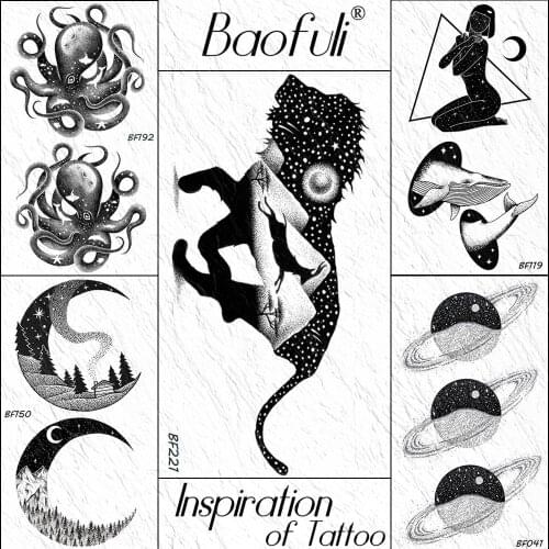 Baofuli Lion Mountain Temporary Tattoos Sticker Black Body Art Arm Hand Waterproof Tattoos Women Men Desert Galaxy Moose Star