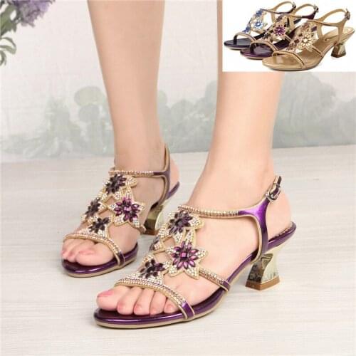 G-sparrow 2018 Summer Fashion Chunky Heel High-heeled Sandals Rhinestone Shoes Purple Blue Gold High Quality