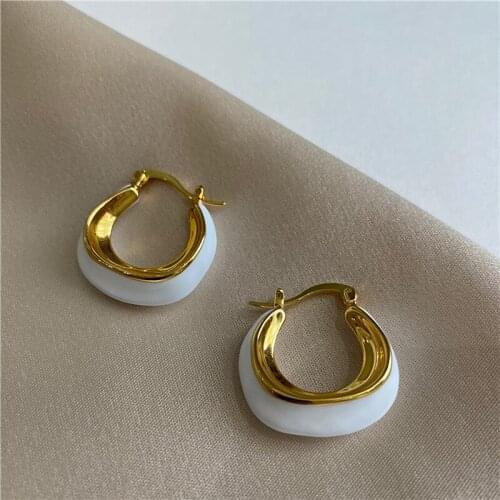 ALLNEWME Korean Fashion White Colour Enamel Alloy Hoop Earrings for Women Ladies Geometric Chunky Circle Earrings Accessories