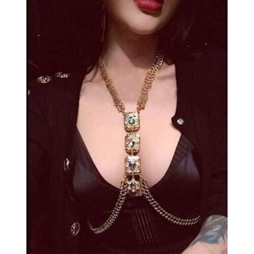 Ladies Sexy Rhinestone Metal Chain harness belt crystal gold plated Metal Belt Club clothes charming party Skirt Accessory