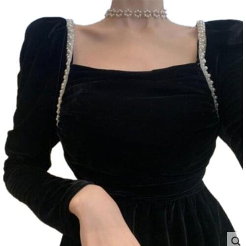 Heavy industry beaded square collar velvet dress women autumn winter puff sleeved temperament French style party a-line dress