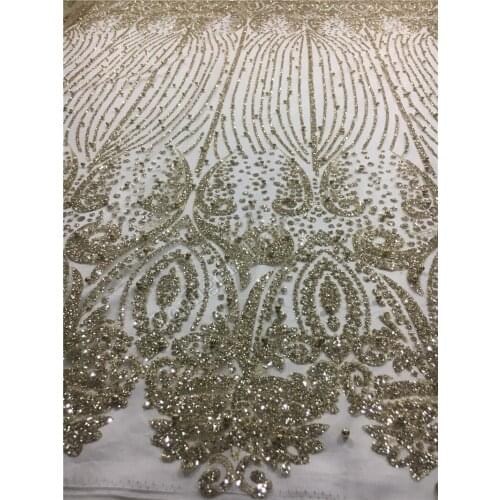 Gold color with beads Glued glitter sequins Tulle Lace Fabric Latest French Nigerian For YG-369 Women fashion dress