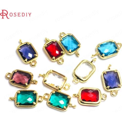 38745)10PCS 6x8MM 24K Champagne Gold Color Brass and Glass 2 Holes Rectangle Connect Charms Pendants Jewelry Diy Accessories