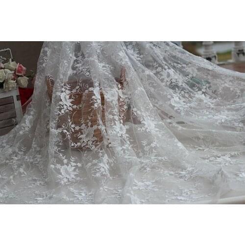 Alencon Ivory Free Shipping High Quality Cord Bridal Lace Fabric High Fine Workmanship Tulle Mesh Embroidered Wedding Lace