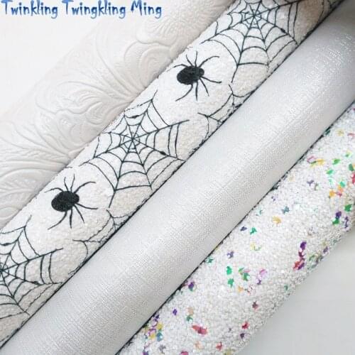 White Spider Web Pritned Glitter leather, Flowers Embossed Faux Fabric Synthetic Leather For Bow A4 21x29CM Twinkling Ming KM299