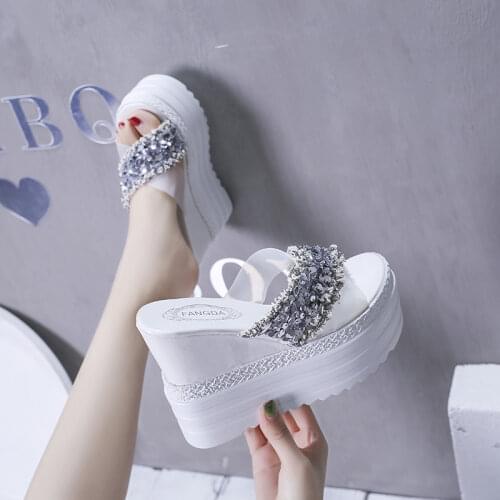 Comemore New Summer Rhinestone Wedges Heel Women Slippers Platform Peep Toe High Heels Slides Sexy Ladies Shoes Zapatos De Mujer