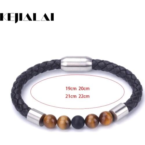 KEJIALAI 8mm Natural Yellow Tiger Eye Stone Bead Stainless Steel Charms Genuine Leather Best Unique Unisex Bracelet Bangle B5010